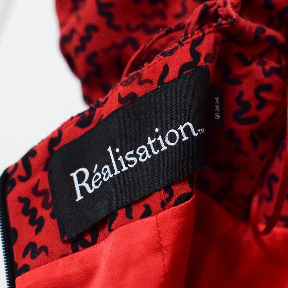 Realisation Par Venus Silk Mini Dress in Red Squiggle A-Line Puff Sleeve Sz XXS - Picture 12 of 13